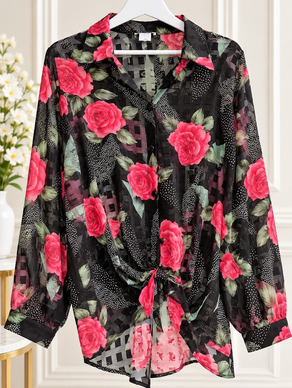 Sheer Black Button-Down Blouse with Pink Rose Print and Front Tie